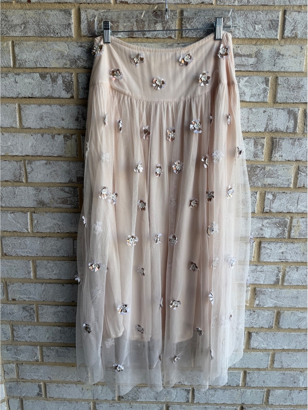 By Anthropologie Pale Pink Embellished Tulle Midi Skirt Women's Size 6